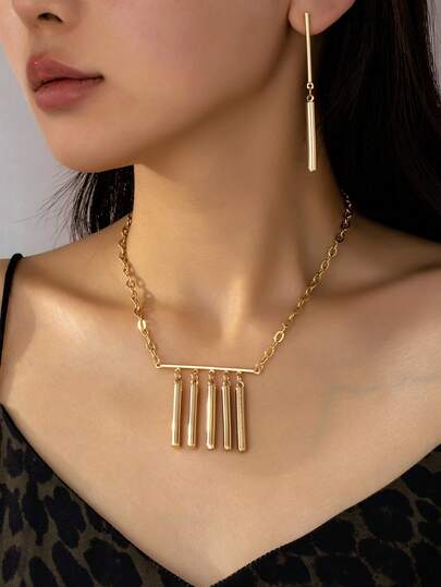 1 Set Women's Fashion Golden Tassel Pendant Necklace And Earrings, 2-Piece Elegant Minimalist Set, Suitable For Daily Wear And Gifting