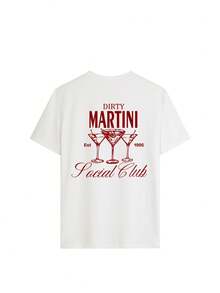 女士夏季新款 Dirty Martini Social Club 复古印花美式性感风短袖T恤，适合酒吧、派对、日常外出、与朋友购物等场合，百搭休闲白色上衣 - 白色 - 查看 2