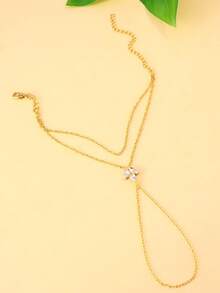 New Valentine's Day Gift: Minimalist Heart Bracelet, Elegant Floral & Leaf Finger-Linking Hand Jewelry - Gold - View 5