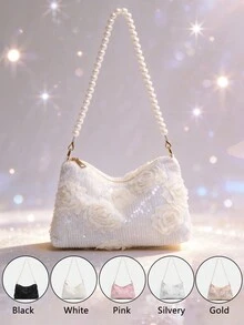 1pc Women's New Fashion Sequin Elegant Shoulder Bag, Pearl Decor Shoulder Bag, Lace Flower Evening Bag, Chain Bag, Coin Purse, Wallet, Suitable For Daily, Party, Travel, Ideal Gift - Multicolor - View 2