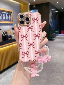 #畅销产品# 1个粉色电镀TPU条纹丝绸蝴蝶结设计防震全包手机壳，搭配1条粉色蝴蝶结仿珍珠腕带，时尚百搭创意全包手机壳，适用于安卓系统 - 彩色 - 查看 1