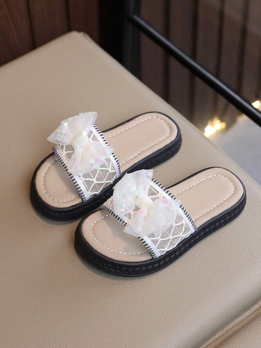 "Girls' Princess Bow Star-Print Sandals – Adjustable Ankle Strap, Soft Padded Footbed, Non-Slip Thick Sole, Cute Summer Casual Kids Footwear" - White - View 1