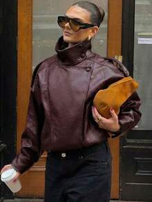 Women's Vintage Motorcycle Faux Leather Jacket, Stand Collar Zipper Closure, Patchwork Loose Fit Top For Winter Spring - Burgundy - View 7