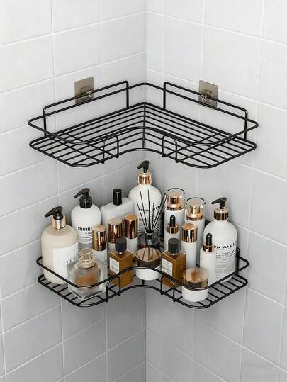1/2 piezas Estante de baño con forma de corazón montado en la pared, estante de almacenamiento triangular para ducha, organizador de baño y cocina de hierro hueco, estante de esquina adhesivo para baño, estante de almacenamiento de baño reforzado