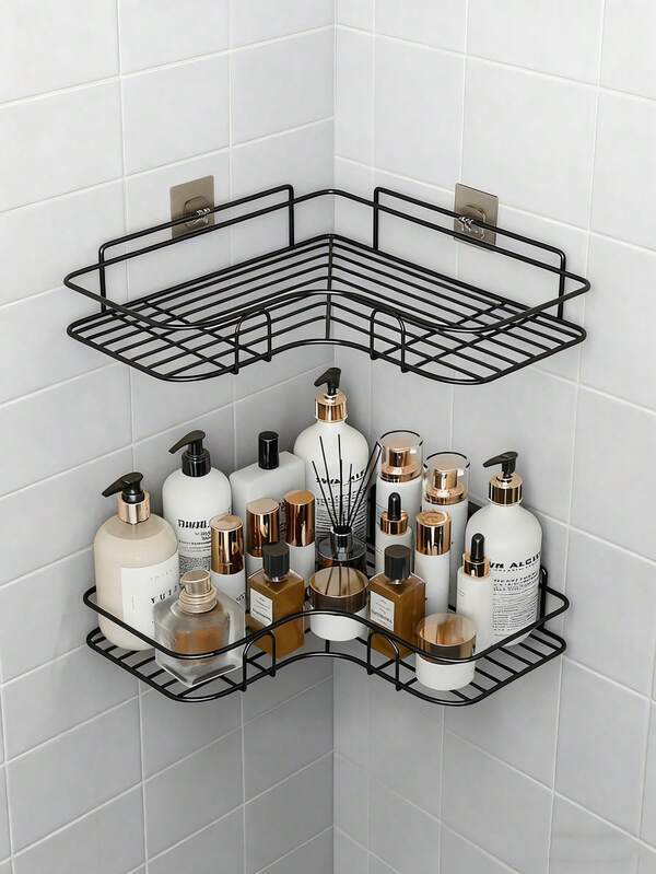 1/2 piezas Estante de baño con forma de corazón montado en la pared, estante de almacenamiento triangular para ducha, organizador de baño y cocina de hierro hueco, estante de esquina adhesivo para baño, estante de almacenamiento de baño reforzado