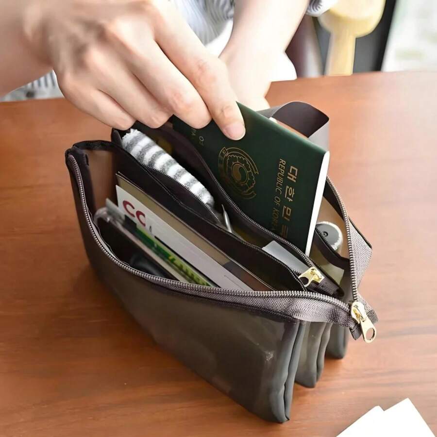 Bolsa de maquillaje de almacenamiento de malla, gran capacidad, bolsa de lavado simple y portátil, bolsa de almacenamiento para viajes de negocios, ba de almacenamiento multiusos TFD4 - Rojo - Ver 1