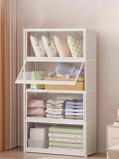 1 pieza Gabinete de almacenamiento a prueba de polvo con cubierta, armario, estantería, organizador, mejora del espacio, resistente y elegante, fácil de montar y desmontar, portátil, adecuado para sala de estar, dormitorio, entrada, oficina, hogar, almacenamiento de múltiples capas, regalo de vacaciones, regalo de Navidad, regalo para niños POKQ