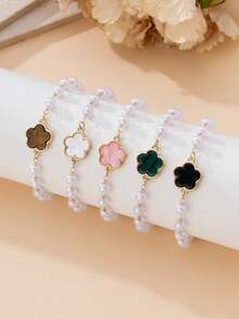 1件/套 优雅仿珍珠四叶草吊坠手链，可叠戴/百搭女孩手链套装 - 彩色 - 查看 2