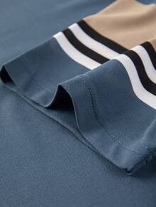 Men's Summer Short Sleeve Polo Shirt, Striped Collar, Casual Business Wear, Blue Half-Placket - Blue - View 8