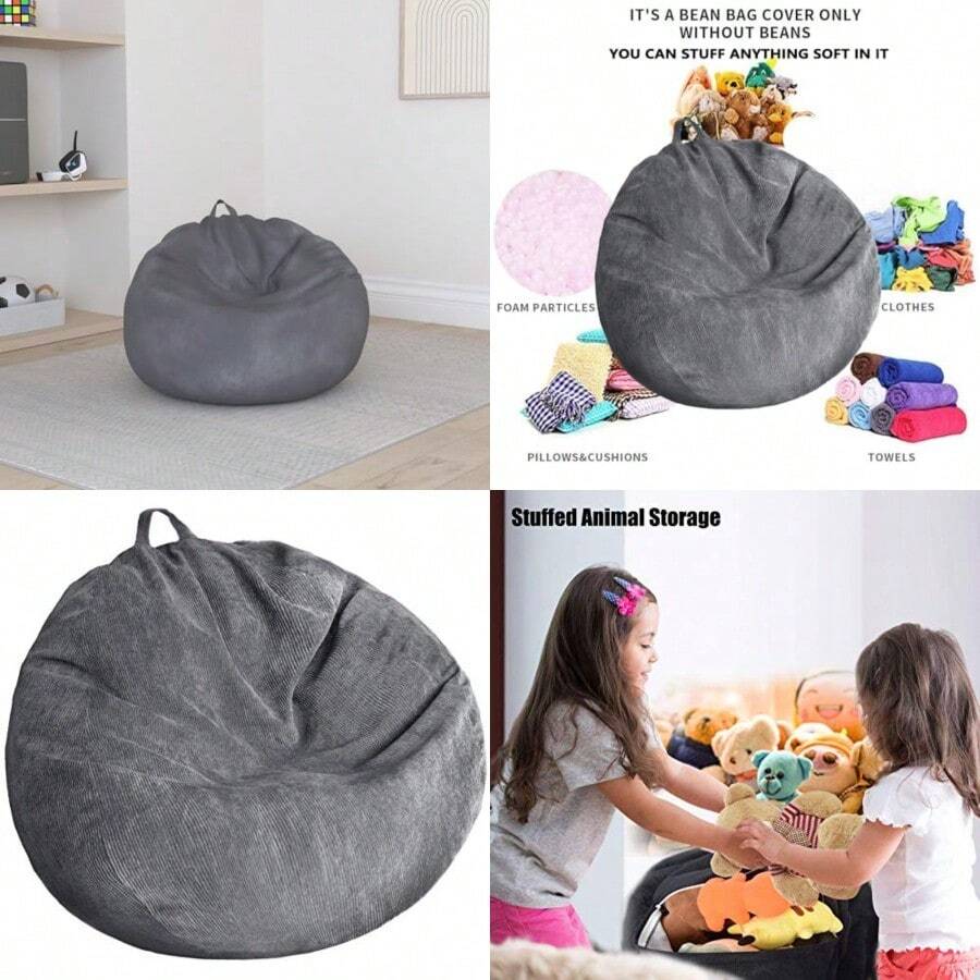 Stuffed Animal Storage Bean Bag Chair Cover No Filler Washable Ultra Soft Corduroy Bean Bag Cover For Organizing Plush Toys Or Textile Sack Bean Bag For Adults TeensChildren's Growth Games, Fun And Joyful, Essential For Childhood - Gray - View 1
