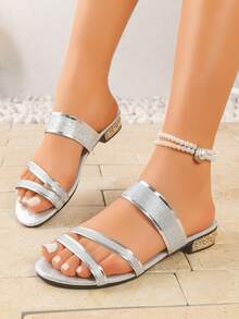 1双金属亮片拼接拖鞋，适合夏季度假和居家穿着 - 銀色 - 查看 6