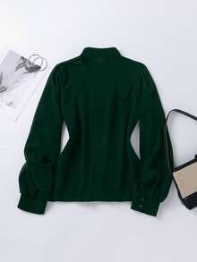 Camisa de manga larga con parches de malla, elegante y versátil, para el verano - Verde - Ver 3