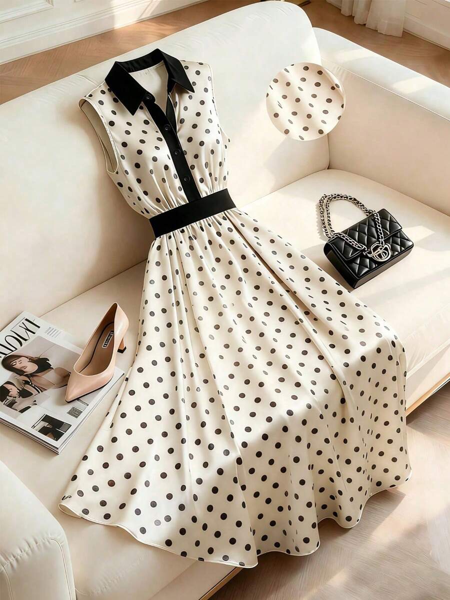 1pc Polka Dot Elegant Woven Fabric Sleeveless Dress, Graceful Casual Everyday Wear Vacation Summer - Apricot - View 1