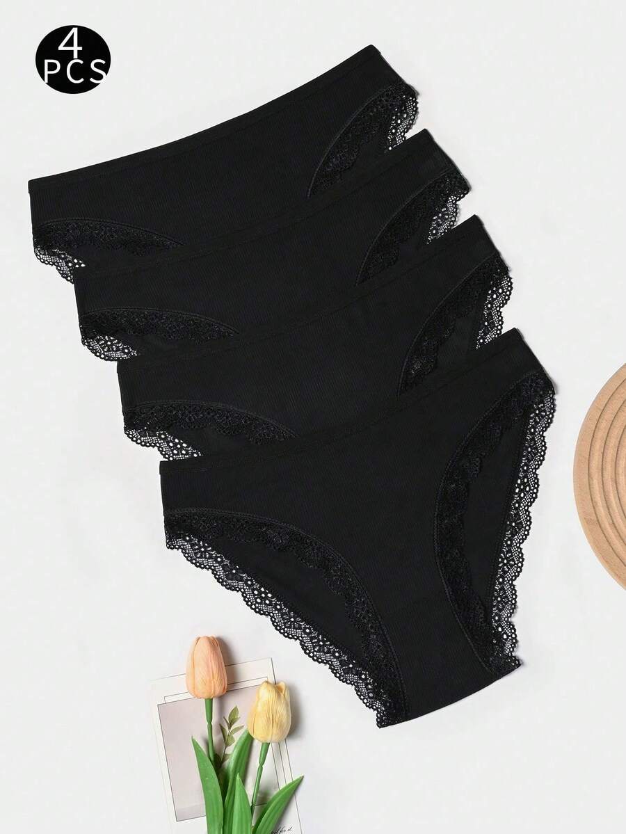 4pcs Women's Black Striped Panties, Lace Trim Design, Breathable Fabric, High Elasticity, Comfortable & Sweat-Absorbent - Black - View 1