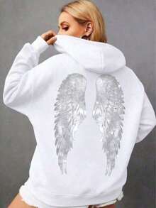 Women's Oversized Wings Print Hoodie - Black Y2K Back Graphic Pullover, Fall Winter Streetwear Long Sleeve Hooded Top, Loose Fit Casual Daily Wear, Retro Aesthetic Statement Pattern Hooded Sweatshirt Adults, Comfy Oversized Silhouette2026Unisex Casual-Shirts - trắng - Xem 6
