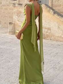 Vestido de satén elegante y glamuroso con tirantes de cinta de unicolor, vestido largo encantador para fiestas/citas/vacaciones para mujeres - Verde - Ver 6
