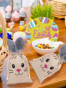 3pcs Easter Gray Plush Rabbit Ear Burlap Bags, Cute Fluffy Rabbit Shape With Drawstring Gift Bags, Easter Party Bags, Candy Snack Packaging Bags, Suitable For Easter Gift Decoration, Party Favor Packaging, Theme Party, Snack Candy Packaging - Type a - View 4