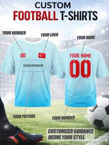 加大码男士可定制足球T恤，包含姓名、号码、队徽、球队或赞助商标识，土耳其制造，透气速干面料，适合球队比赛、训练、运动、休闲穿着、加油助威、馈赠亲友，春夏运动季时尚之选 - 彩色 - 查看 1