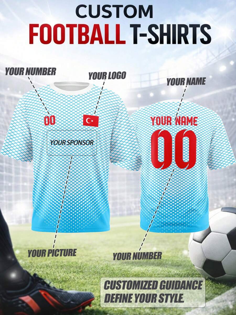 加大码男士可定制足球T恤，包含姓名、号码、队徽、球队或赞助商标识，土耳其制造，透气速干面料，适合球队比赛、训练、运动、休闲穿着、加油助威、馈赠亲友，春夏运动季时尚之选 - 彩色 - 查看 1