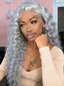 Silver Grey Kinky Curly Lace Front Wigs Human Hair Perfect For Daily Wear 13x4 Hd Transparent Deep Wave Lace Front Wigs Human Hair Free Part 250 Density Gray Colored Human Hair Wigs For Women - 灰色的 - 查看 2
