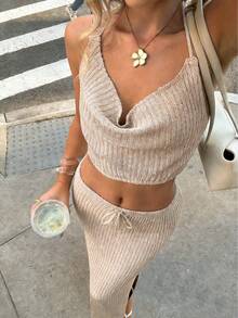 Elegant Summer Women's 2-Piece Set: Shiny Khaki Camisole Top Paired With Elastic Waist Tie-Front Skirt. Suitable For Beach Vacation, Music Festivals, Holiday Dates, Beach Parties, Cocktail Events And More - Camel - View 4