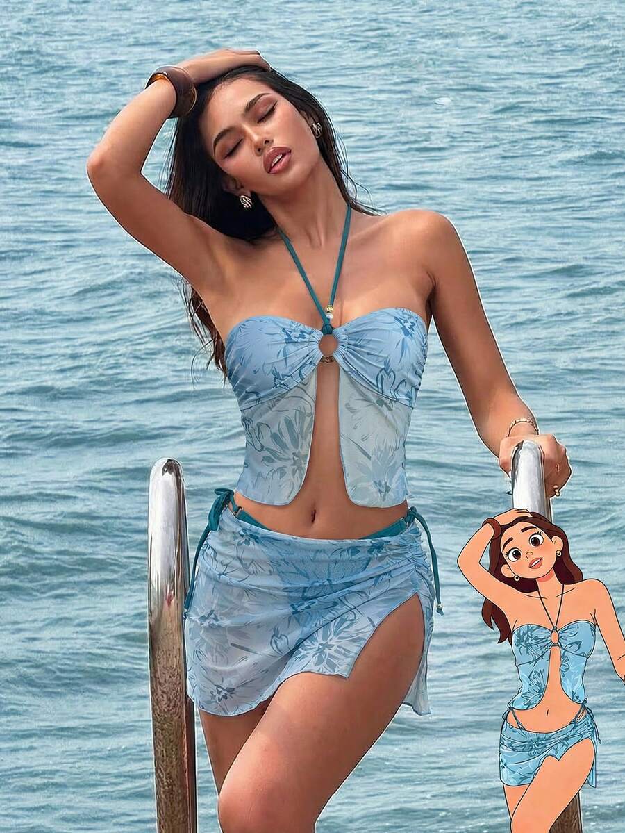 Bộ bikini 3 mảnh mới, gợi cảm, họa tiết hoa, phối lưới và đính hạt, kiểu dáng dây mảnh, thích hợp cho bãi biển, hồ bơi và các bữa tiệc trong kỳ nghỉ xuân/hè.