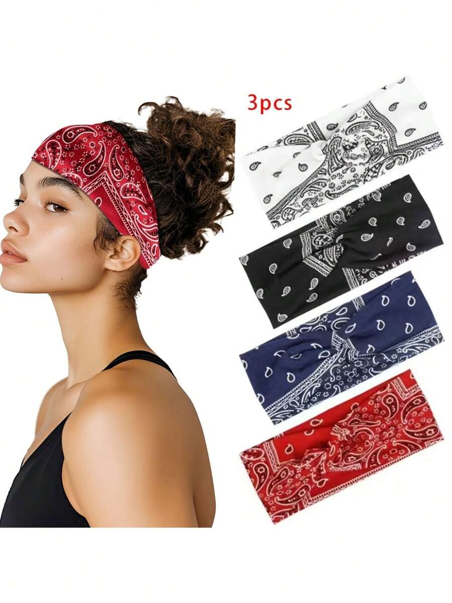3pcs Retro Bohemian Style Cashew Flower Print Elastic Headbands, Breathable & Stretchy Hair Accessories For Yoga, Sports, Casual Wear, Autumn/Winter, Holiday Gift - Multicolor - View 1