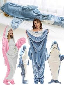 Sleeping bag (Shark) 1件装鲨鱼睡袋毯，带尾巴，可穿戴法兰绒毯，厚实保暖家居毯，成人卡通鲨鱼睡袋套装，鲨鱼爱好者礼物，鲨鱼家居睡衣，多功能毯子浴室装饰 - 彩色 - 查看 4