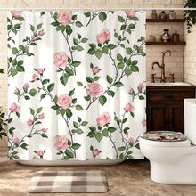 Pink Rose Vine Print Waterproof Mildew-Proof No-Drill Shower Curtain, Cozy & Romantic For Women's Bedroom And Bathroom - Pink and White - View 1