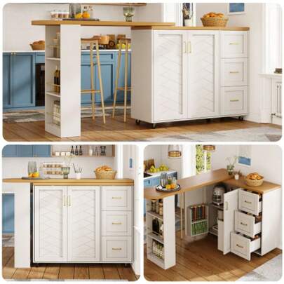 White Extendable Bar Cart (135-228*39*104cm) With 2 Doors &Amp; 3 Drawers, Rollable Home Bar Featuring Wood-Look Worktop