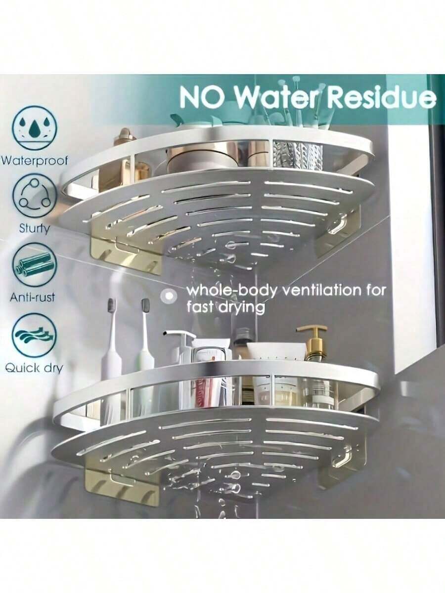 2pcs Stainless Steel Bathroom Corner Shelf - Shower Caddy Wall Mounted Storage Rack With Soap Dispenser Holder - Rust-Proof Self-Adhesive - Silver - View 1