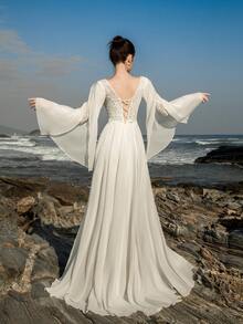 Elegant Chiffon Long Wedding Dress With Deep V-Neck Embroidery, Bohemian Style Long Sleeve Romantic Bridal Gown, Suitable For Party Wear - White - View 1