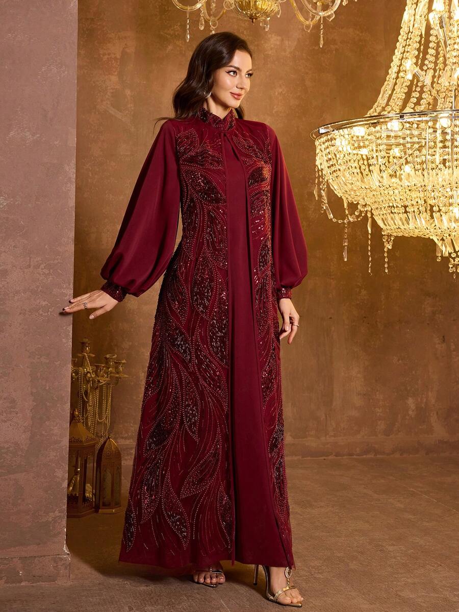 SUPGIR [随机印花] 女士长袖亮片拼接腰带晚礼服 - 酒紅色 - 查看 1