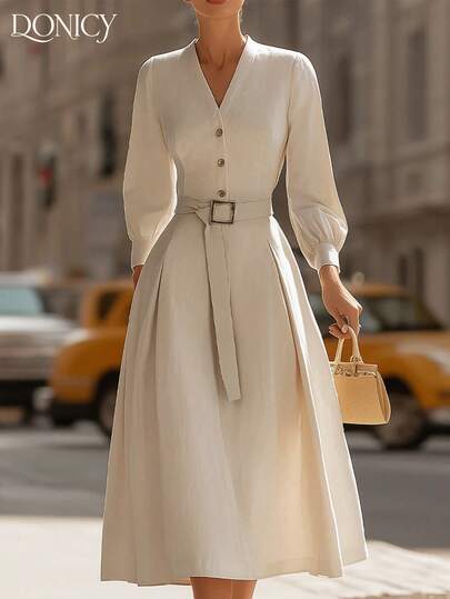 DONICY Women's Elegant Cream Shirt Midi Dress, Draping Fabric, V-Neck With Puff Sleeves & Square Buckle Belt, French Style For Office & Date Night