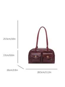 1pc Minimalist Retro Zipper Tote Bag, Decorated With Pockets, Dual Handles, Suitable For Women's Casual And Commuting Daily Use - Burgundy - View 5