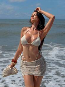 Bộ bikini thời trang nữ màu mơ phối lưới gợi cảm, thích hợp cho kỳ nghỉ hè trên bãi biển. - Màu be - Xem 5