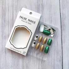 24Pcs St. Patrick'S Day Press On Nails Medium Square Fake Nails Gold Green Glitter Shamrock Design Acrylic Nails Full Cover Glue On Nails Irish False Nails Stick On Nails For Women Nail Decoration - Màu xanh bụi bặm - Xem 5