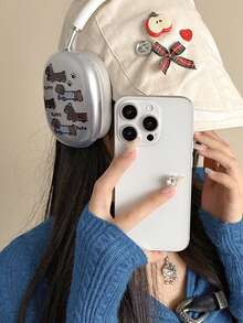 1pc Minimalist Star Polka Dot Phone Case With Cute Bear Stand - Compatible With 11/12/13/14/15/16 Pro/17 Pro Max, Valentine's Day Gift - White - View 6