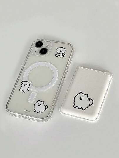 1pc Transparent Magnetic Phone Case With White Dog Design + Magnetic PU Leather Card Holder, Shockproof Phone Protective Cover Compatible With IPhone 11/12/13/14/15/16/17/Pro Max