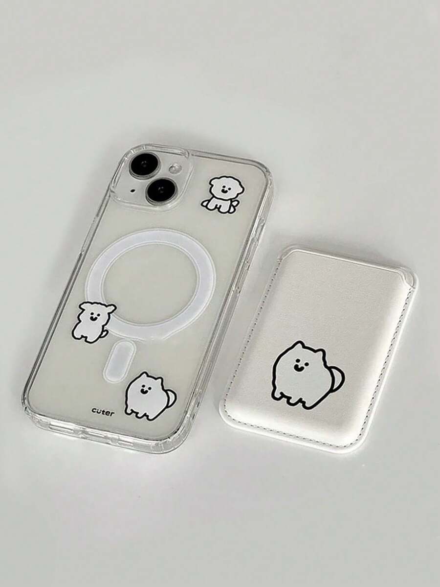1 pieza Funda de teléfono magnética transparente con diseño de perro blanco + Soporte magnético de tarjeta de cuero PU, Funda protectora de teléfono a prueba de golpes compatible con iPhone 11/12/13/14/15/16/17/Pro Max - transparente - Ver 1