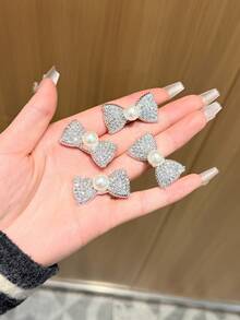 5个女士高端水钻蝴蝶结发夹，甜美优雅蝴蝶结仿珍珠侧刘海发夹，优雅公主爪夹，适合日常佩戴，Y2K仙女风发饰，头饰，发夹，发卡 - 彩色 - 查看 2