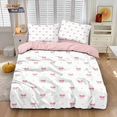 3pcs Set (1 Zipper Duvet Cover + 2 Pillowcases, No Filler), Sweet & Cute Pink Bow Pattern Print Set. Digital Printing, 100% Polyester, Soft, Skin-Friendly, Breathable, Suitable For All Seasons. Multiple Sizes And Plus Sizes Available To Meet Different Needs, Suitable For All People And Rooms. Zipper Closure, Machine Washable, Excellent Bedroom Decor, Also Suitable As A Gift.