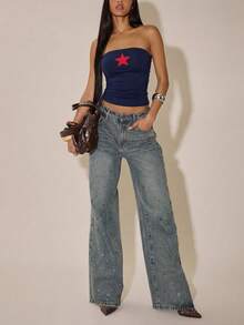 Navy Blue Star Print Strapless Sleeveless Camisole Top, Casual Wear For Summer, Spring, Beach, Party, Vacation, Club - Navy Blue - View 4