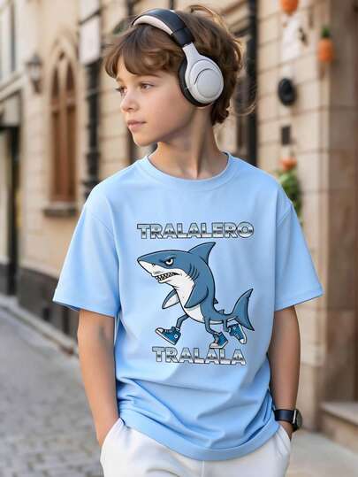 Teenage Boys' Clothing, Kids Wear, Shark Print T-Shirt, Paired With Sneakers - Casual Loose Short Sleeve Sportswear, Round Neck Boys' T-Shirt - Perfect Summer Gift, Suitable For Spring/Summer School And Outdoor Wear