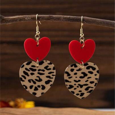 1对女士豹纹红色亚克力心形吊坠耳环，夸张的夜店派对风格耳环，适合日常佩戴