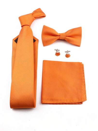 ZONFAZ 4pcs Men's Business Casual Solid Ribbed 3.15" Necktie, Bow Tie, Pocket Square, Cufflinks Set, Suitable For Wedding, Party And Daily Commute