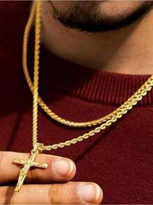 1 Pc Stainless Steel Twist Cross Necklace Men's Water Resistant Unique Pendant Design Durable Rustproof Metal Neckwear Daily Casual Party Wear Stylish Accessory For Guys  Male Jewelry Ideal Gift For Loved Ones - Vàng - Xem 8