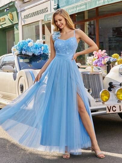 Fairy-Like Style Mesh Prom Dresses Lace Wedding Guest Dress Sequin Details Bridesmaid Dress Rose Embellishment Gown For Outdoor Wedding, Party, Cocktail, Birthday Solid Color Women Sleeveless Slit Maxi Formal Dress Spring