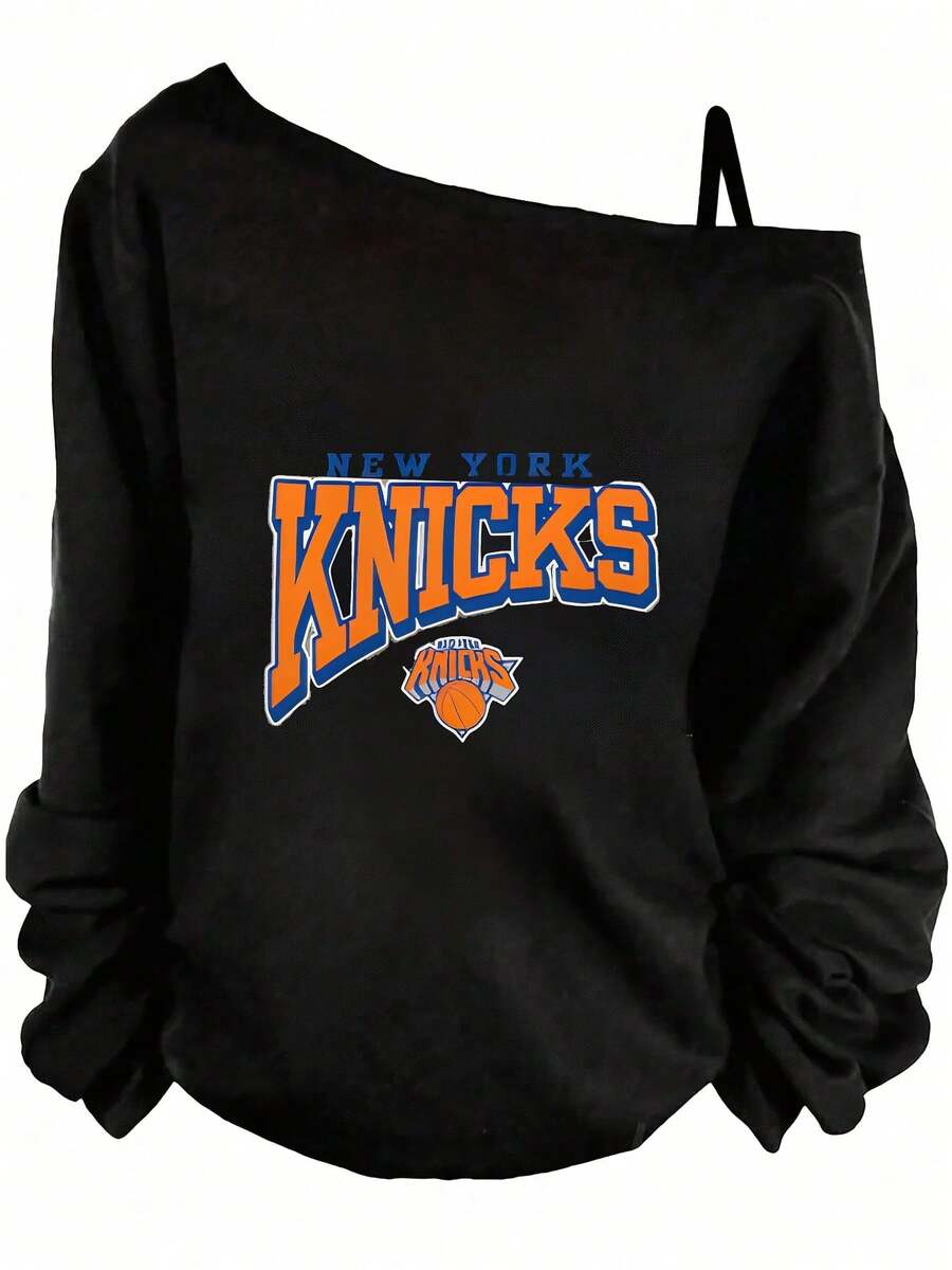 Long Sleeve Tops, New York Knicks Logo, Off-The-Shoulder Sweatshirt, Casual, Sporty, Streetwear, Perfect For Date Night, Game Day - màu đen - Xem 1