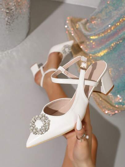 New Fashion Women's Pointed Toe High Heel Shoes With Pearl Buckle Strap, Casual & Comfortable, Suitable For Spring/Summer
